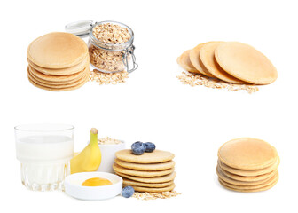 Set with tasty oatmeal pancakes on white background