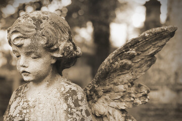 Beautiful statue of angel at cemetery. Sepia tone