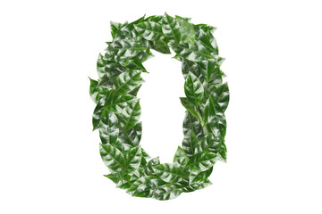 Number 0 made of fresh green leaves on white background