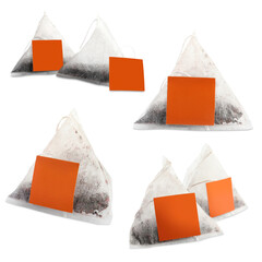 Set with different tea bags on white background