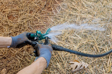 Installing, maintaining, and watering lawn sprinkler system by professional landscape technician near new home - obrazy, fototapety, plakaty