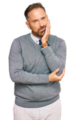Handsome middle age man wearing business clothes thinking looking tired and bored with depression...