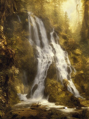 Fototapeta na wymiar Digital painting of a hidden, gushing waterfall tucked away in a dense and verdant forest. 