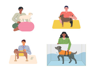 Rehabilitation therapy for dogs. Dogs undergoing water physiotherapy, acupuncture therapy, physiotherapy. flat vector illustration.