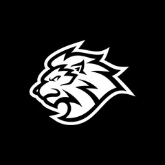 Vintage lion head emblem logo design. Lion head line art vector icon on dark background