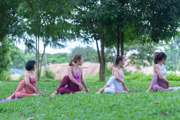 A beautiful young woman group of adults attending a yoga class outside the park., peace and relaxation, woman's happiness