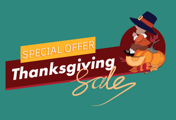 Happy Thanksgiving holiday vector design template for websites, posters, banners. Happy Thanksgiving with traditional food, turkey, pies, pumpkins and fruits. Vector website template