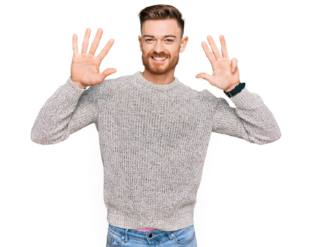 Young redhead man wearing casual winter sweater showing and pointing up with fingers number nine while smiling confident and happy.