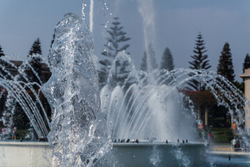 Fototapeta na wymiar impressive and beautiful fountains in the Magic water circuit at Reserve park, Lima, Peru