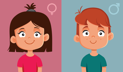 Little Boy and Girl Vector Cartoon Portrait Characters. Portrait of two children of different gender smiling
