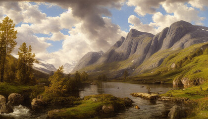 Landscape Illustration of a craggy mountain range under a cloudy blue sky. In front of the viewer is a river, rolling green hillsides, and stones rising from the water.
