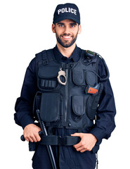 Young handsome man with beard wearing police uniform with a happy and cool smile on face. lucky...