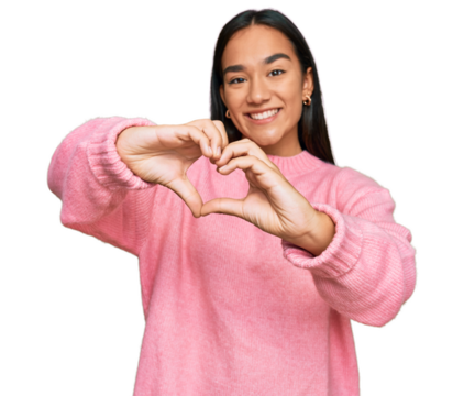 Young asian woman wearing casual winter sweater smiling in love doing heart symbol shape with hands. romantic concept. - Powered by Adobe