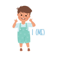 English Subject Pronoun with Funny Boy Demonstrating Me Word Vector Illustration