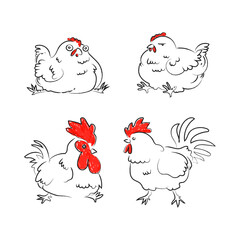 Hand drawn chicken set icon character sketch, line, pet farm animal vector illustration.