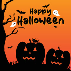 Happy Halloween lettering handwritten text. Cobweb and bats with pumpkin.