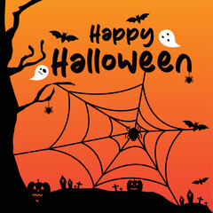 Happy Halloween lettering handwritten text. Cobweb and bats with pumpkin.