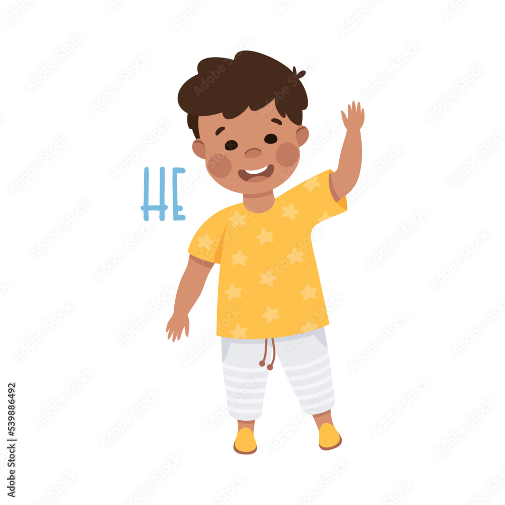 Wall mural English Subject Pronoun with Funny Boy Demonstrating He Word Vector Illustration