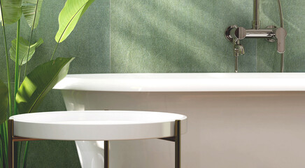 White round side table, ceramic bathtub and banana plant in modern and luxury bathroom with...