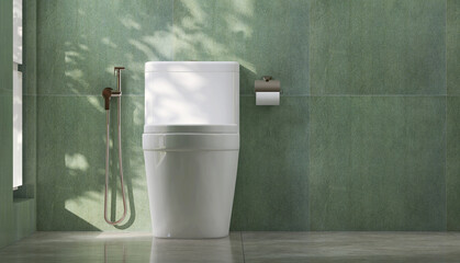 Modern design white ceramic toilet with lid closed, bidet sprayer and tissue paper holder in luxury...