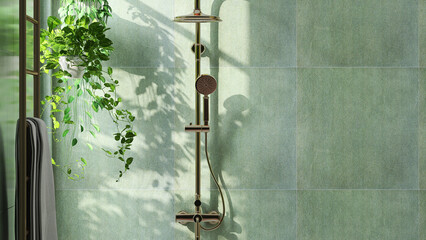 Modern design white gold colored shower, rain shower with slide bar in luxury green tile wall bathroom with creeper plant, sunlight and leaf shadow from window for toiletries product display