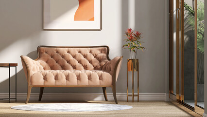 Living room in luxury and elegant home with sofa, coffee table by sliding door, wood parquet floor connect to backyard for household product display.