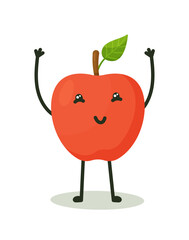 A beautiful red apple with a cute face, hands and feet. Vector illustration of apple character. Funny red apple character.