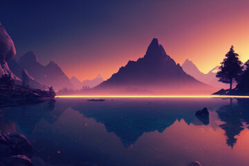 Fototapeta na wymiar sunset in the mountains and lake