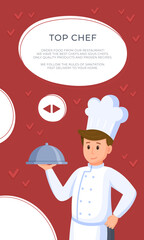 Vector illustration of restaurant flyer. Chef standing with dish in hand isolated on red and white background. 