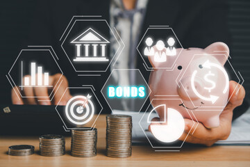 Bond Finance Banking Technology concept, Business woman using lcalculator with bond icon on virtual screen, Trade Market Network.