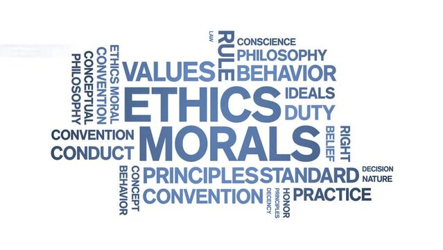 Ethics Morals animated tag word cloud;values text design animation kinetic typography seamless loop.