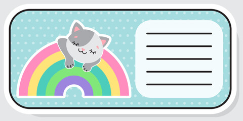 Notebook label. Cat and rainbow. Baby stickers. Vector illustration