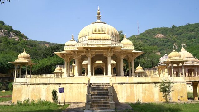 Beautiful memorial grounds to Maharaja Sawai Mansingh II and family constructed of marble. Gatore Ki Chhatriyan