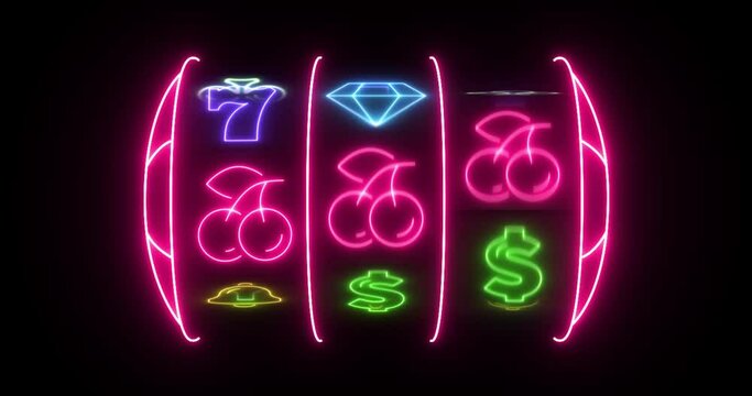 Slots, animated with neon lights. with black background. 4k
