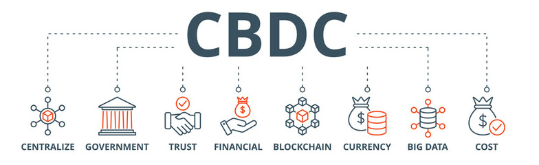 Cbdc banner web icon vector illustration concept of central bank digital currency with icons of centralize, government, trust, financial, blockchain, currency, big data and cost