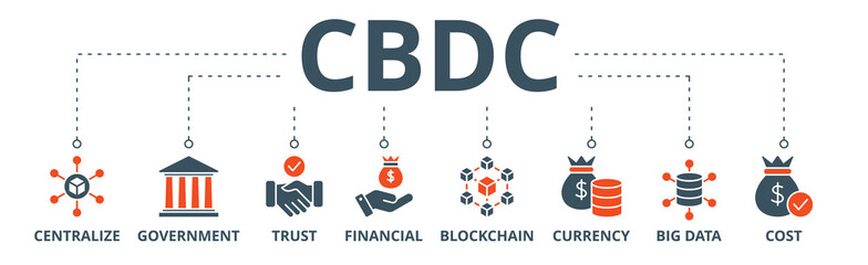 Cbdc banner web icon vector illustration concept of central bank digital currency with icons of centralize, government, trust, financial, blockchain, currency, big data and cost
