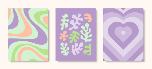 Y2K Posters Set. Vector Violet Green Psychedelic Background: Repeated Heart, Matisse Floral, Waves
