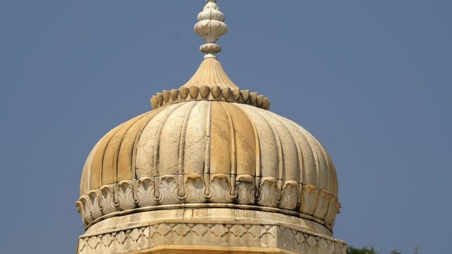 Jaipur, Rajasthan, India - Oct 2022: Beautiful memorial grounds to Maharaja Sawai Mansingh II and family constructed of marble. Gatore Ki Chhatriyan