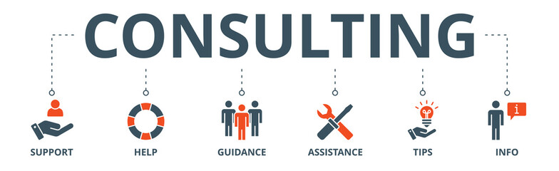 Consulting banner web icon vector illustration concept with icon of support, help, guidance, assistance, tips and info
