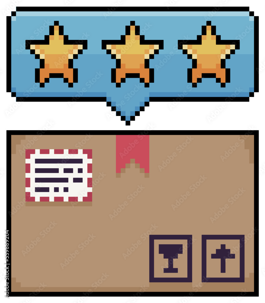 Poster pixel art order with star rating bar, order evaluation, package, cardboard box vector icon for 8bit 