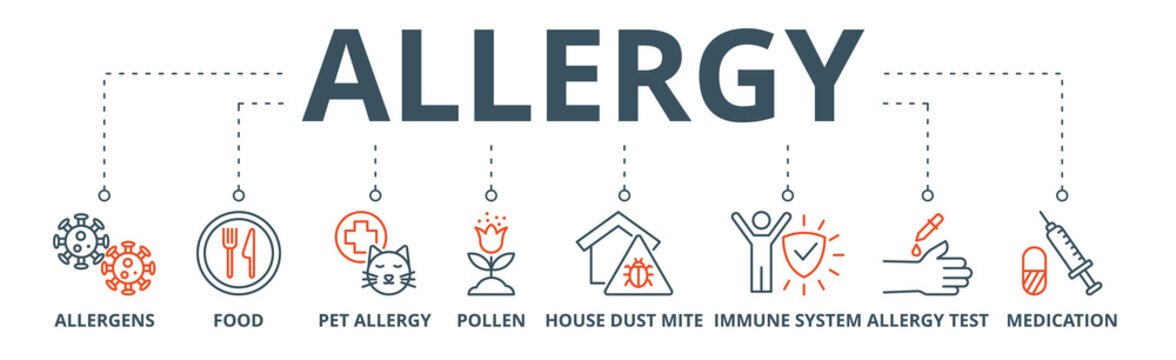 Allergy banner web icon vector illustration concept with icon of allergens, food, pet allergy, pollen, house dust mite, immune system, allergy test and medication