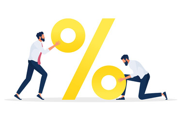 Business team builds a big percent sign, Big discount on sale, big loan, high interest on bank deposits