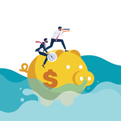 Businessman riding piggy bank as saving money on the ocean Break through the crisis, economy crisis concept