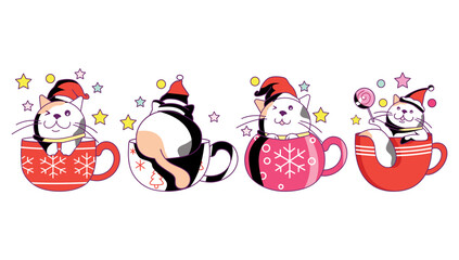 Collection of cute cat in Christmas drink cup, coffee or tea with doodle cartoon style.