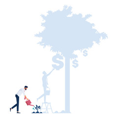 Businessman watering money tree with shadow growth tree, taking the long view, investment in money