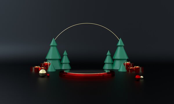 Christmas green theme product stage with tree and stars for promo or banner 3d illustration Premium Photo