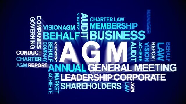 AGM - Annual General Meeting acronym animated tag word cloud;text design animation kinetic typography seamless loop.