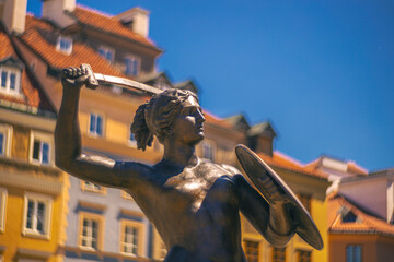 Close up on Mermaid statue in Old Town Warsaw, Poland