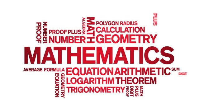 Mathematics animated tag word cloud;text design animation kinetic typography seamless loop.