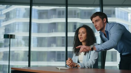 Colleagues discussing invisible screen at office closeup. Future technologies - Powered by Adobe